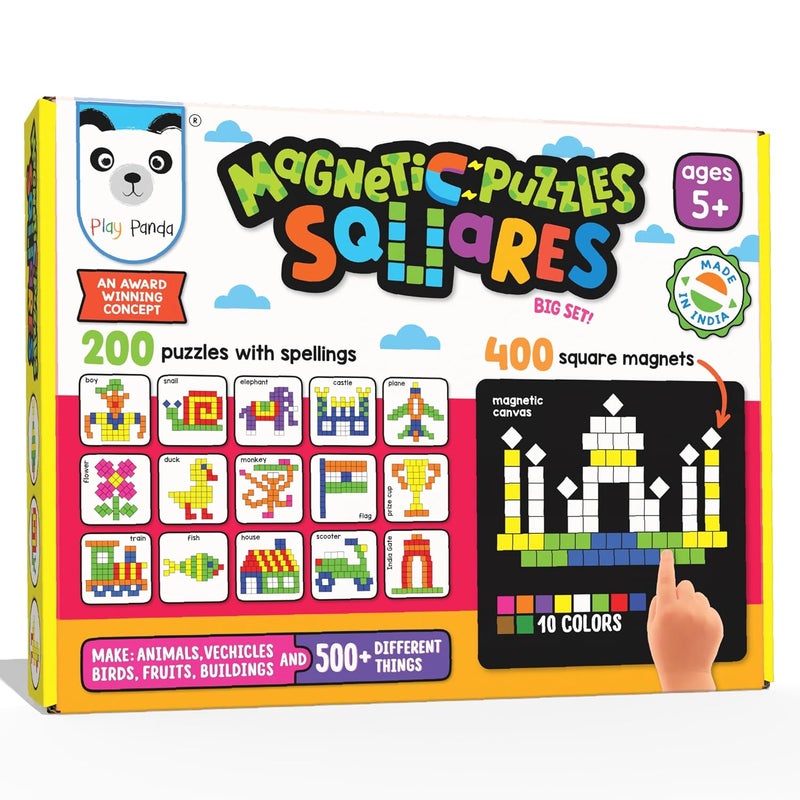 Play Panda Magnetic Puzzles Squares - 400 Colorful Magnets, 200 Puzzles, Magnetic Board, Display Stand - Image 1